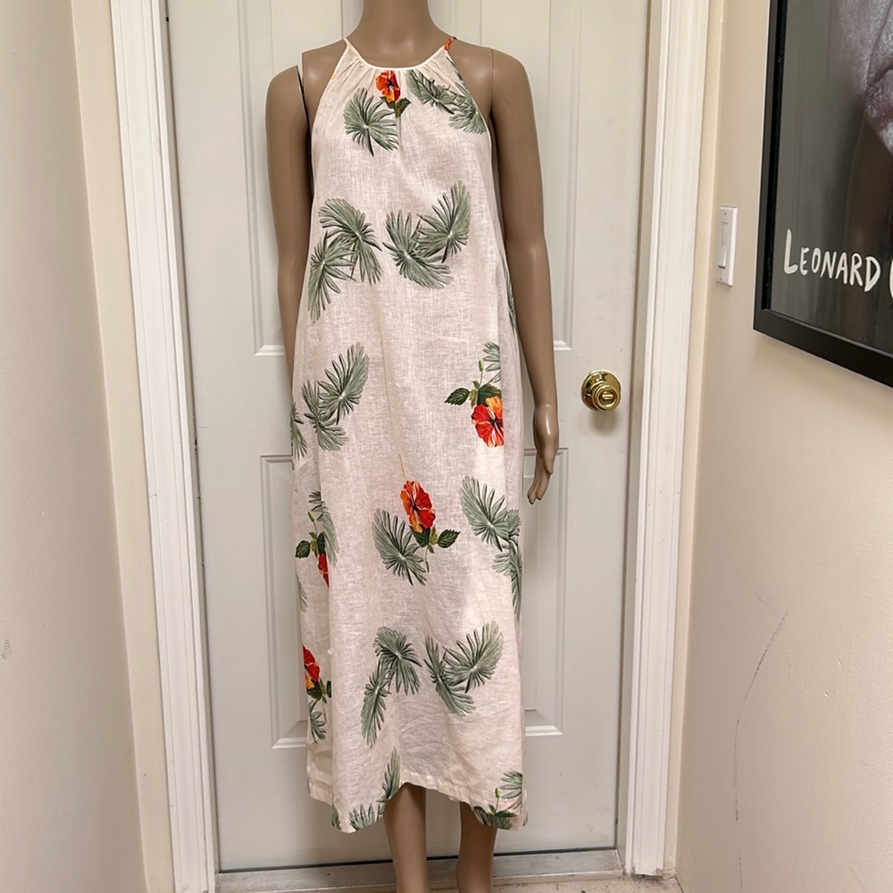 Christine Alcalay Linen Tropical Floral Print Sleeveless Tent Dress Designer M